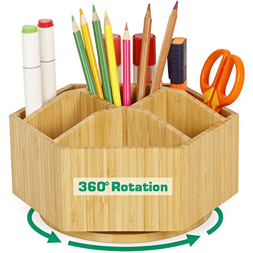 Bamboo Rotating Art Supply Organizer - Darfoo Office Desk Organizers, Colored Pencil Holder with 7 Sections, Home School Supplies Organizer and Storage for Pen Pencil Crayon Marker and Craft Supplies