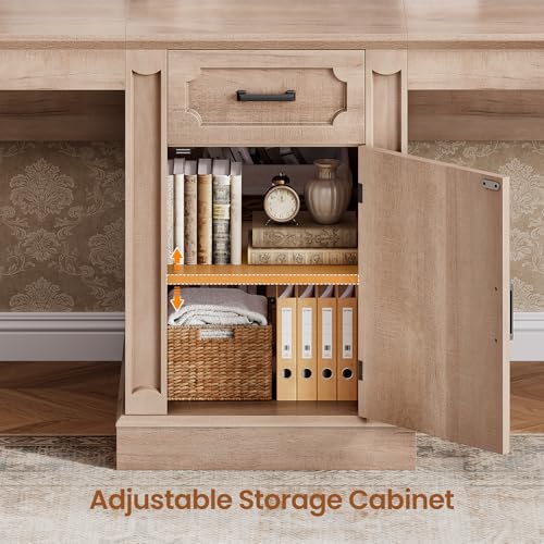 Image of SEDETA Farmhouse 110.3 inch Two Person Desk with 7 Drawers, Long Computer Desk with Storage Cabinet, 2 Person Desk with Power Outlets for Home Office, Oak