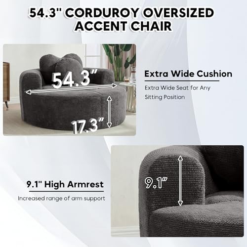 Image of Oversized Round Chair Lounge Chaise Indoor, 54.3 inch Upholstered Corduroy Deep Seat Single Cloud Sofa Chair with Heart-Shaped Pillow Modern Large Circle Boneless Couch for Living Room, Black