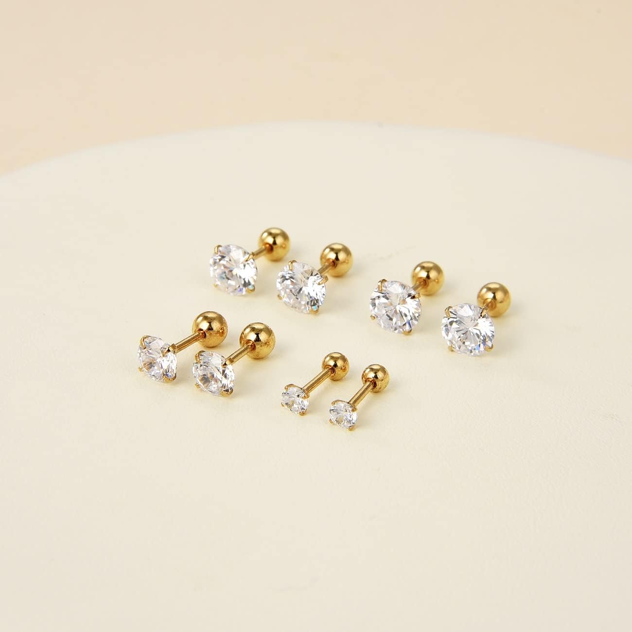 4 Pairs Screw Back Surgical Stainless Steel Stud Earrings, Gold Plated Silver Heart Star Square Princess Cut Round CZ Cubic Zirconia Stud Earrings Set - Image 5