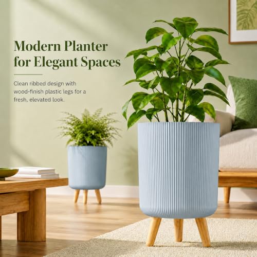 Image of Eightiz Store Modern Dusty Blue Flower Pot with Plastic Legs | Indoor Outdoor Planter for Home Garden Balcony Decor Ribbed Design Sturdy Plastic Mid-Century Style (Dusty Blue, Pack of 2)