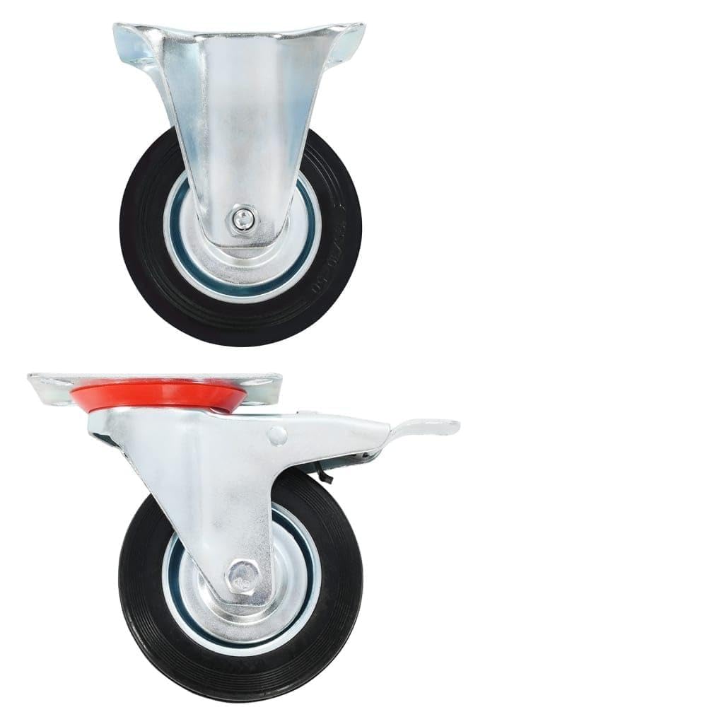 8 Stk. Rollen 100 mm Gummi und Eisen mit Zinkbeschichtung, 4 Bockrollen 4 Lenkrollen mit Bremsen, max. 70 kg Belastbarkeit, leise laufend, bodenschonend für Werkstatt, Lager, Industrie