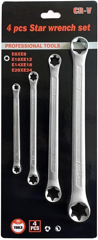 4 Piece TRX-Star E-Torx Box Wrench Set, E6 E8 E10 E12 E14 E18 E20 E24 Torx Tork Set,Double Box End Wrench Set