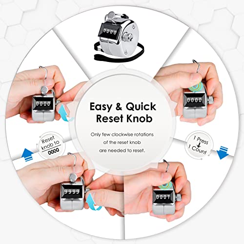 Ktrio Metal Hand Tally Counter 4-Digit Tally Counters Mechanical Palm Counter Clicker Counter Handheld Pitch Click Counter Number Count For Row, People, Golf, Lap & Knitting, 2 X 1.85 Inches, Silver #TOP4