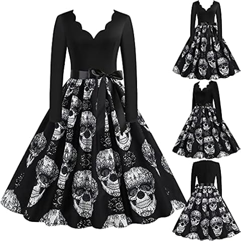 Vestido Halloween Mujer Manga Larga Calaveras Vintage Cover