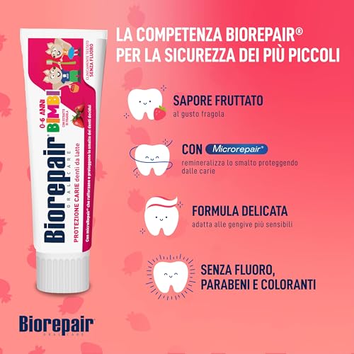 Biorepair, Dentifricio Bimbi 0-6 anni, 12 Confezioni da 50 ml, Dentifricio Biorepair per Bambini Senza Fluoro Gusto Fragola, Anticarie, per Gengive Sane - Immagine 3