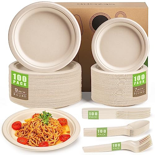 Gezond 100% Compostable Plates and Utensils Set 500pcs Heavy-Duty
