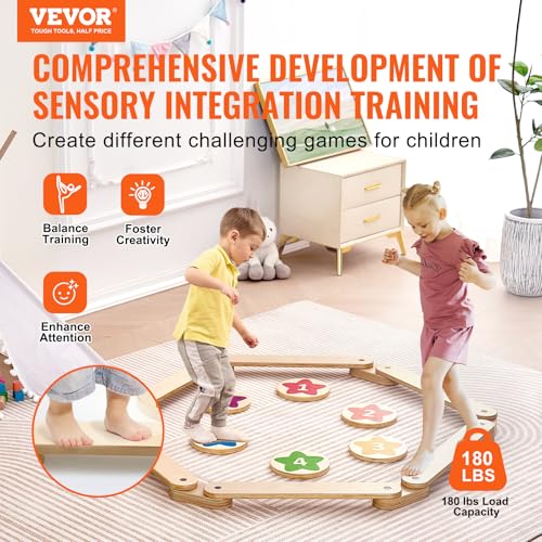 Image of VEVOR Balance Beam Stepping Stones, 6 PCS Wooden Toddler Balance Boards, Montessori Toy for Kids 3-6, Build Coordination and Gross Motor Skills, Gymnastics Course Indoor & Outdoor for Girls Boys Gift