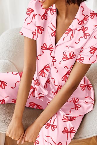 Image of Ekouaer 2 Piece Satin Short Sleeve Pajamas Set Button Down Sleepwear | Soft Pjs Set Classic Loungewear for Wedding, Party, Home, Daily Wear, Date Nights