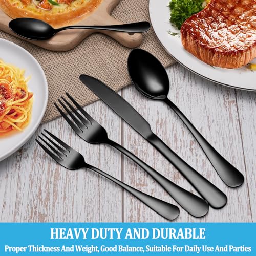 60 Pcs Black Silverware Set, Stainless Steel Serving Sets Service for 12, Mirror Polished Serving Utensils Set, Durable Home Kitchen Eating Tableware Set, Include Fork Knife Spoon Set,Dishwasher Safe