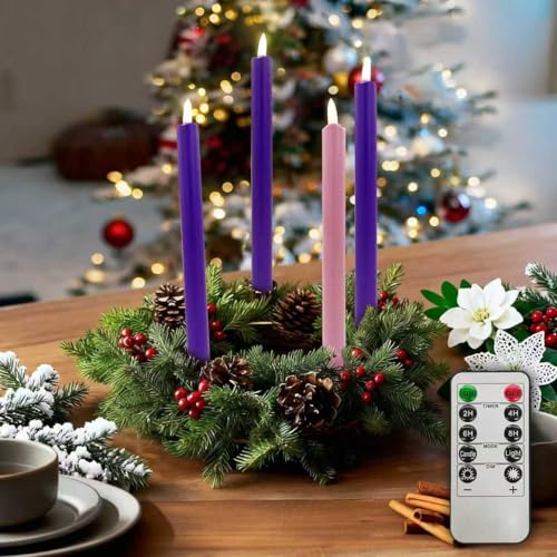 SUNGEGE Flameless Advent Candles Set of 4 Traditional Purple & Pink LED Taper Candles with Remote Control & Timer Battery Operated for Safe Christmas Countdown and Wreath Decor