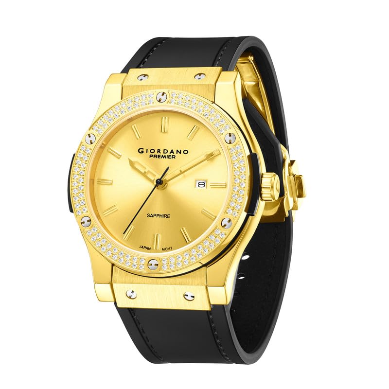 Premier Aura Collection Analog Watch for Men with Round Gold Dial, Crystal Studded Bezel, Date Display Function, Quartz Movement and Leather Strap - GZ-50227-image-18