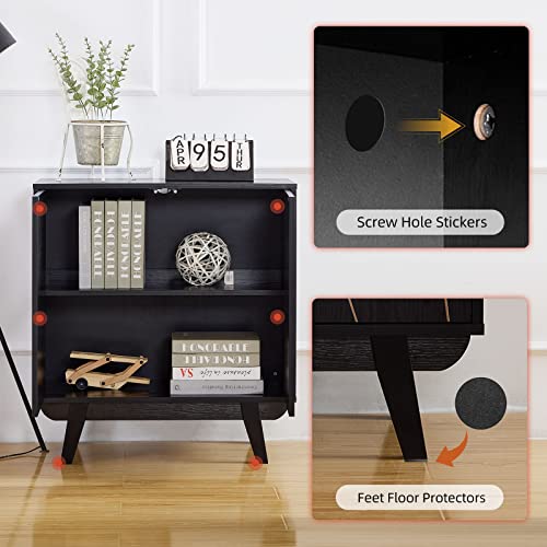 Qiozzey Modern Storage Cabinet With Acrylic Mirrors, Floor Standing Buffet Cabinet, Oak Lines Finish Sideboard Organizer, Anti-Dipping Wood Cabinet For Bedroom, Bathroom, Living Room, Kitchen, Office #TOP6