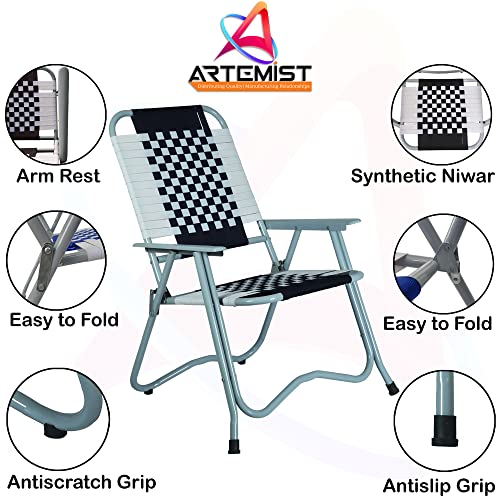 Image of ARTEMIST Foldable Stripe Chair with Arm Rest Portable Chair with Durable Folding Frame, Ideal for Garden, Patio, Lawn, Balcony (Black,Chromium Steel)