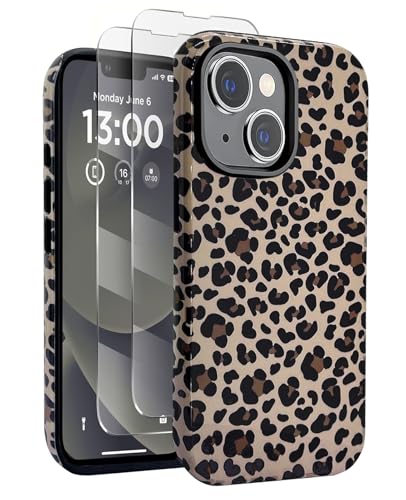 J.west Compatible with iPhone 13 Case/iPhone 14 Case 6.1 inch with 2 Pack Tempered Glass Screen Protectors Cute Animal Leopard Hybrid Cover for Girls Women Aesthetic Protective Phone Cases Cheetah