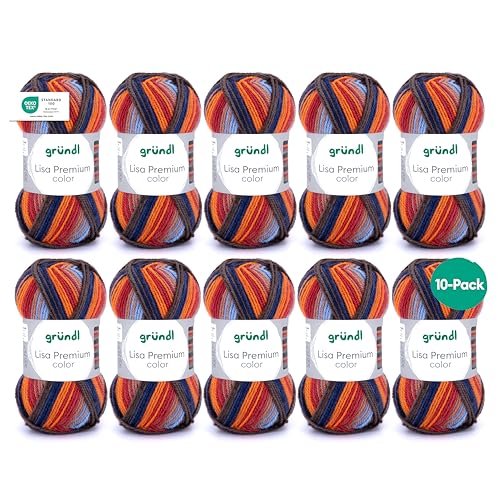 Gründl Wolle Lisa Premium color - Garn zum Stricken mit Farbverlauf - Strickgarn - Häkelgarn - Weich und hautfreundlich - 100% Polyacryl 10 Knäuel 50 g / 133 m -Nadelstärke 3,5-4,5 - marine-kürbis