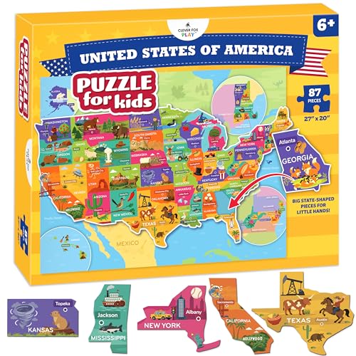United States Puzzle for Kids Ages 4-8 – 87 Large USA State-Shaped Pieces, 27"x20" Map – Learn All 50 US States, Capitals & Landmarks – USA Jigsaw Educational Toy – Gift for Boys & Girls Ages 4+