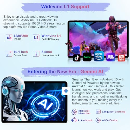 Image of Android 15 Tablet 30GB+128GB+1TB Expand, 2026 10.1 Inch Octa-Core 8000mAh Electronics Tablets with Keyboard Mouse, Gemini AI, 5G WiFi, 1280x800 IPS Touchscreen, GPS, BT5.0, Widevine L1 -Metal Black