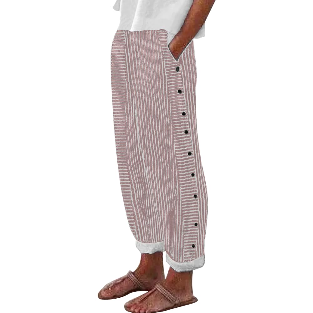 TIAFORD Womens Summer Stripe Linen Pants Casual Side Button Elastic Waisted Lightweight Loose Trousers with Pockets
