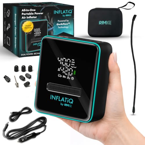 INFLATiQ by RIMiQ Portable Tire Inflator Air Compressor – Twice as Fast QwikFlow Technology with Auto Shut-Off – 11.1V Rechargeable Air Pump with Metal Gears and Premium Carry Case