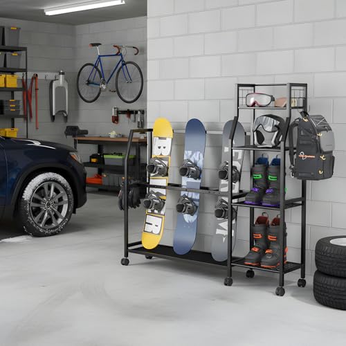 Kikihouse 4-Tier Freestanding Snowboard Rack for 4 Pairs of Skis, 3 Snowboards, Boots, Poles, Goggles, Helmets, Ski Storage Rack with Adjustable Shelves, Snowboard Stand for Home, Garage - Thumbnail 7