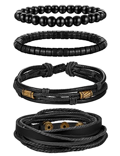 Jstyle MB12015-BLACK 4Pcs Braided Leather Bracelet For Women Mens Cuff Bead Bracelet Set Adjustable Black thumb #1
