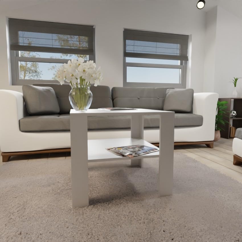 Ława Kawowa Biała, Płyta Laminowana 18 mm, 68x68 cm, Nowoczesny Stolik do Salonu, Pokoju lub Biura