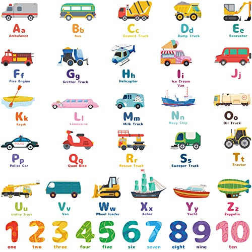 8 Sheets Alphabet Wall Decals Transport Alphabet Number Wall Stickers Cartoon Alphabet Kids Learning Wall Decals Educational Stickers for Kids Nursery Bedroom Playroom Decorations
