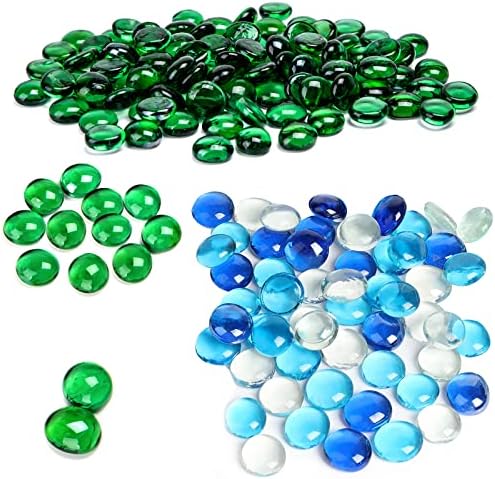FUTUREPLUSX 100PCS Green Flat Glass Marbles and 100PCS Blue Mixed Color Flat Pebbles