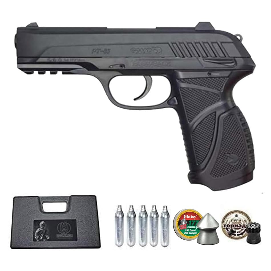 Ecommur. PT85 gamo blowback Negra | Pistola de Aire comprimido y perdigones semiautomática 4,5mm PT 85 + maletín + 2 Cajas de balines y CO2