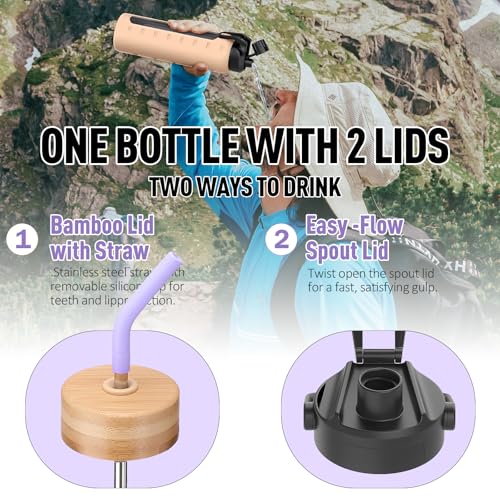 Image of 24oz Glass Water Bottle with Straw and 2 Lids, Purple