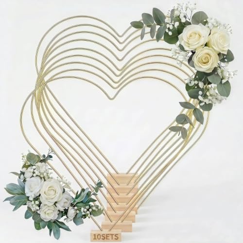 Image of jojofuny 10 Sets Heart Shaped Floral Hoop Centerpiece with Wooden Stand, 9.8 inch x 10.6 inch Metal Wreath Rings, Gold Heart Wire Hoops for Wedding Table Decorations, DIY Dream Catcher Craft Kit