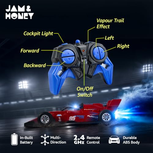 Image of Amazon Brand - Jam & Honey Formula F1 RC Racing Car for Kids | 2.4GHz Remote (100+ ft Range) | Mist Smoke Effect | LED Lights | Type-C Rechargeable | Multi-Direction Control | Red|4+ Years