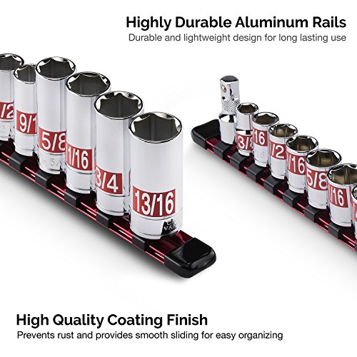 Neiko 02454A Aluminum Socket Holder And Socket Organizer Tray For Toolboxes With Lightweight And Heavy-Duty Rails, 1/4-Inch, 3/8-Inch, And 1/2-Inch Drives, 3-Piece Socket Storage Set #TOP4