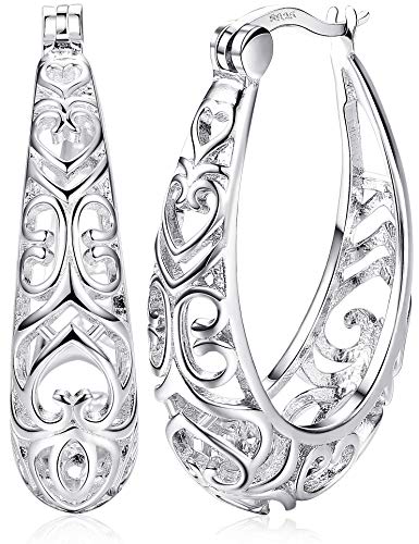 Milacolato Sterling Silver Hoop Earrings Textured Filigree Round Earrings for Women