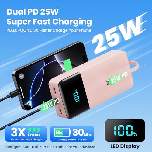 Image of Portable Charger 50800mAh Power Bank with 3 Built in Cables,25W PD QC4.0 Fast Charging USB C Battery Pack,6 Outputs 2 Inputs Travel Essentials Phone Charger for iPhone 17 /16 /15,Google,Android,Pink