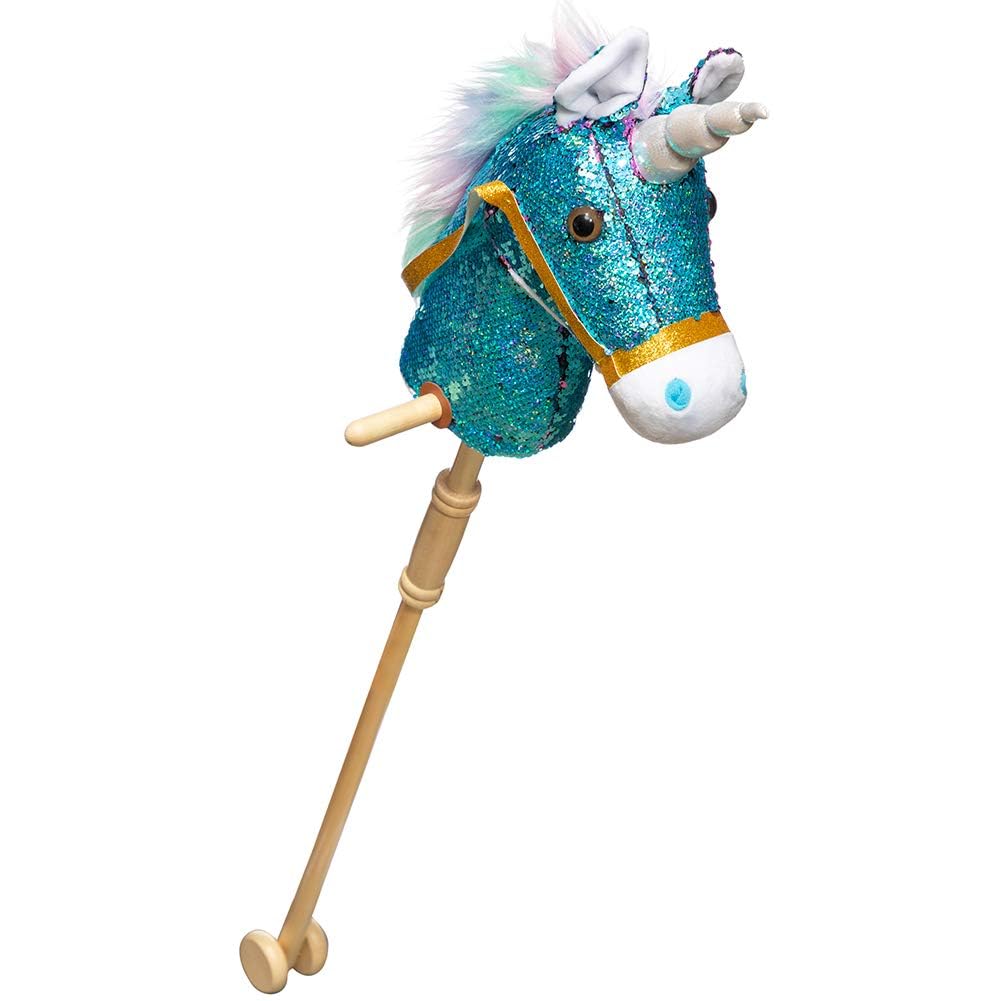 BEJOY Hobby Horse, Sequin Stick Horse with Wood Wheels Horse Toy Real Pony Neighing Galloping Sounds Plush Toy, Unicorn Plush Toy, Sequin Blue 36 inches (AA Batteries Required) โ image 1