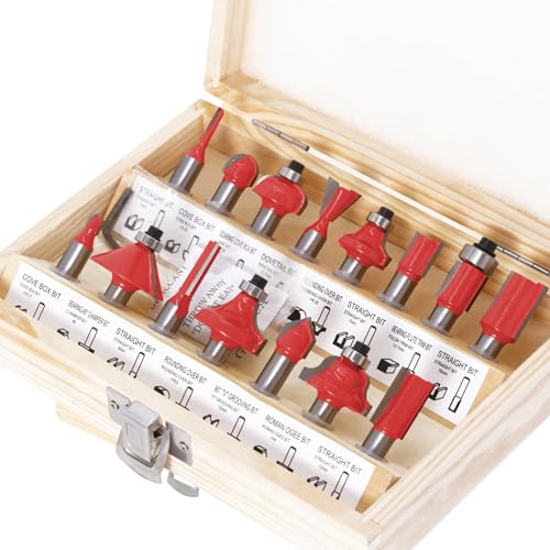 15 Piezas Juego de Fresas de Madera con Vástago de 6 mm, Fresas para Madera, Vastago 6mm Juego de 15 Brocas para Esquinas y Ranuras en Acero Profesional