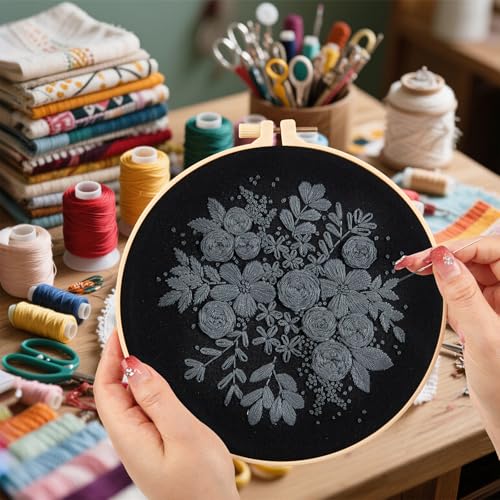 Image of Crafmanoe Embroidery Kits for Beginners Adults, Black Flowers Embroidery Starter Kits, Counted Cross Stitch Kits for Beginners Adults Hobbies Set for Women, Embroidery Hoops, Thread and Video Tutorial