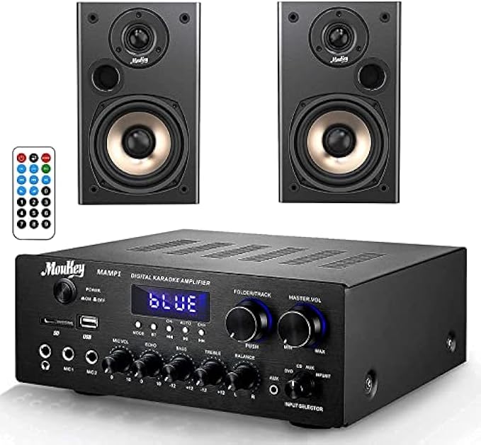 Moukey Home Audio Stereo Amplifier with 2-Way Bookshelf Speakers, 220W Bluetooth Sound Audio Stereo Receiver and 100W Peak Power Speakers Pair for Home Theater Entertainment