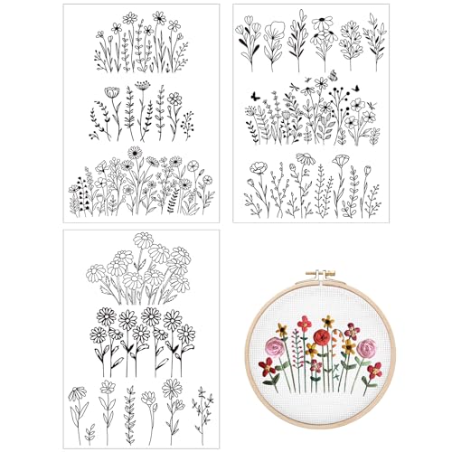 Water Soluble Embroidery Patterns Stabilizers - Rngmsi 3 Sheets Flower Stick and Stitch Embroidery Paper Wash Away 20Pcs Daisy Leaves Butterfly Embroidery Transfer Paper Stabilizers for Hand Sewing