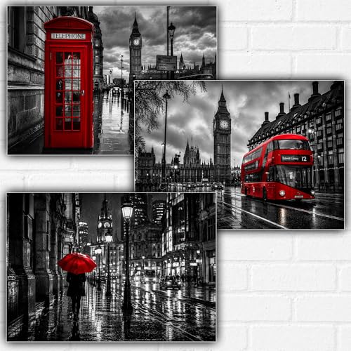 Image of London Cityscape Poster Set of 3 – A3 Wall Art Prints – Red Bus Telephone Box Umbrella London Decor
