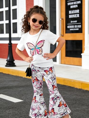 Image of OLMRJKD Kid Toddler Girl Clothes Outfits Short Sleeve Butterfly Top Flared Leg Pants Summer Clothing Set
