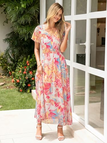 Image of Simplee Womens Floral Maxi Dress - Short Sleeve Summer Boho Wedding Guest Dress Empire Waist Chiffon Modest Midi Dresses