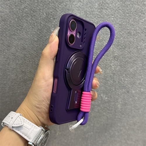 マグネット式折りたたみスタンドホルダーマットケース iPhone 16 15 14 13 12 11 Pro Max ワイヤレス充電リストストラップコードカバー パープル iPhone 15 Plus用