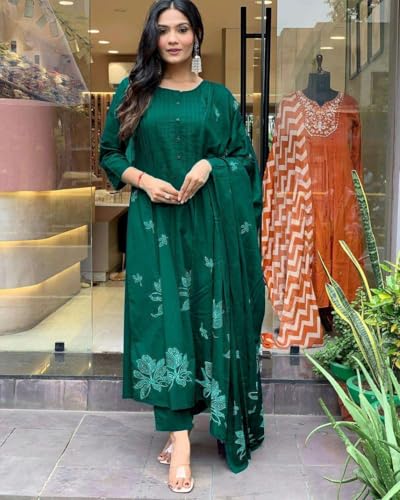 Image of Women's Cotton Embroidery Floral Printed Long Straight Kurti With Pant And Dupatta Set