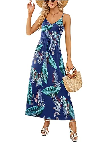 Image of HUSKARY Womens Summer Sleeveless V Neck Spaghetti Strap Pockets Beach Boho Vacation Casual Spring Maxi Dress