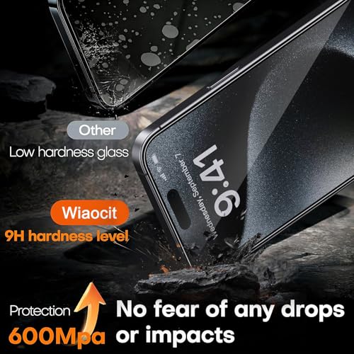 Image of Wiaocit 3 Pack Tempered Glass Privacy Screen Protector for iPhone 15 Pro Max with 3 Pack Camera Lens Protector, 9H Hardness, Bubble Free, Case Friendly