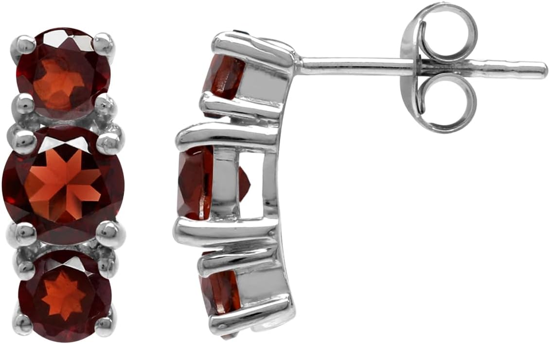 Silvershake Vertical 3-Stone Round Shape Gemstone White Gold Plated or Yellow Gold Plated 925 Sterling Silver Stud Post Earrings Jewelry for Women