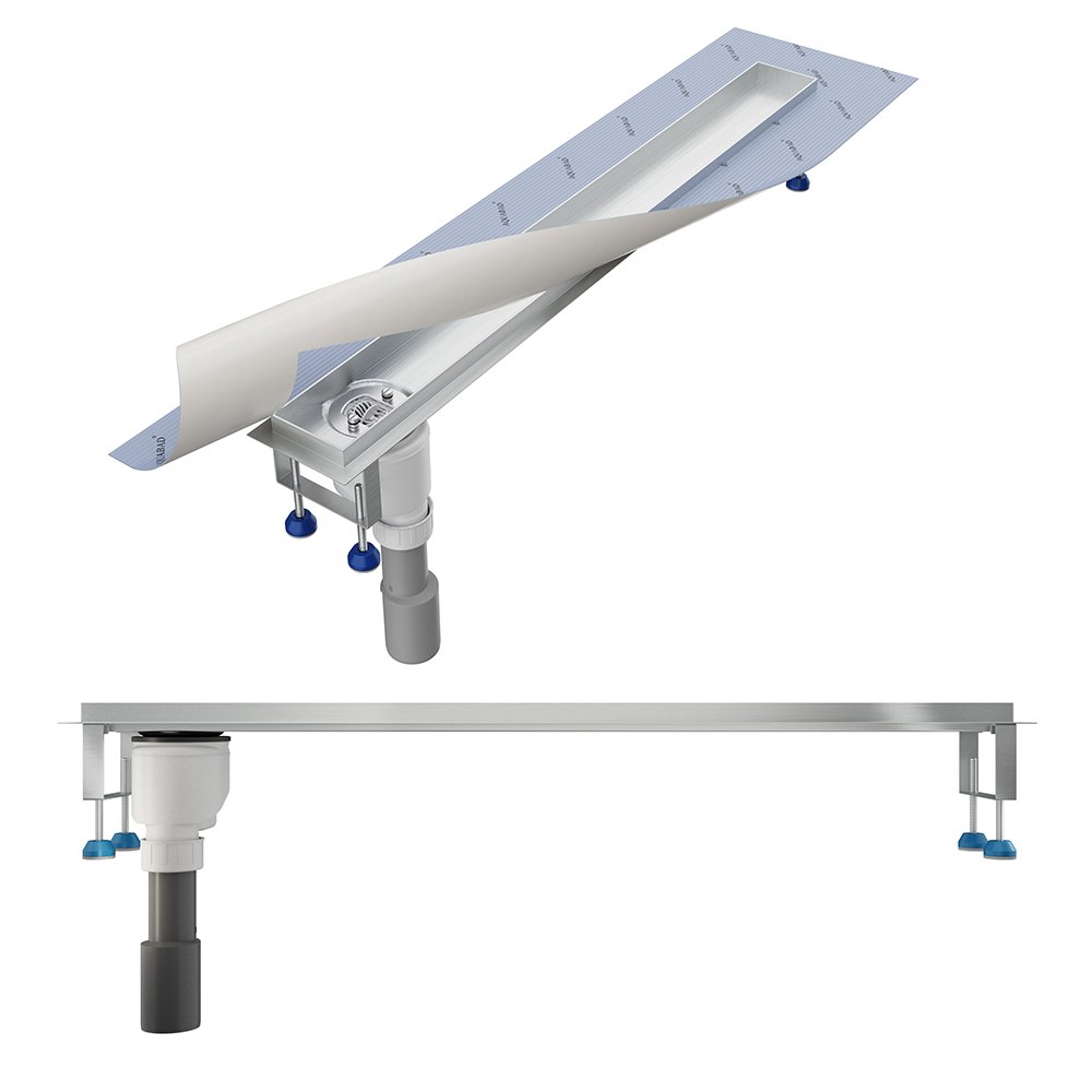 Aquabad SDS Pro odpływ liniowy ze stali nierdzewnej z syfonem | Rozmiar: 90 cm | Odprowadzenie wody: pionowo w dół | Umiejscowienie syfonu: na boku odpływu | Wzór: kółka | Made in Germany